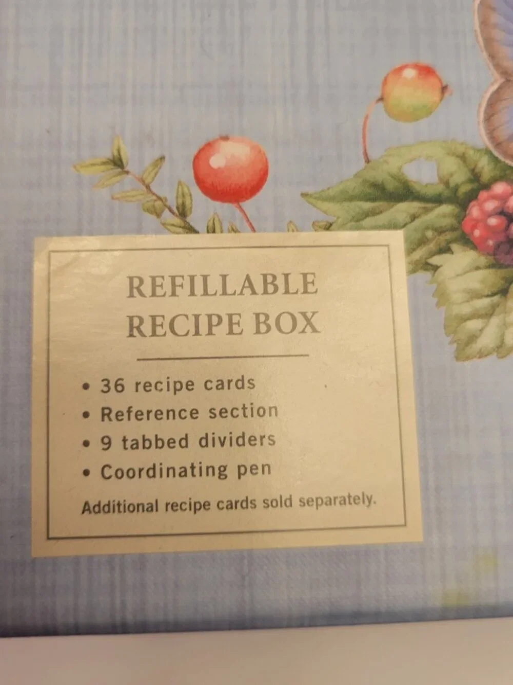 Hallmark Refillable Recipe Box Botanical Butterfly Blue w/ Cards & Dividers